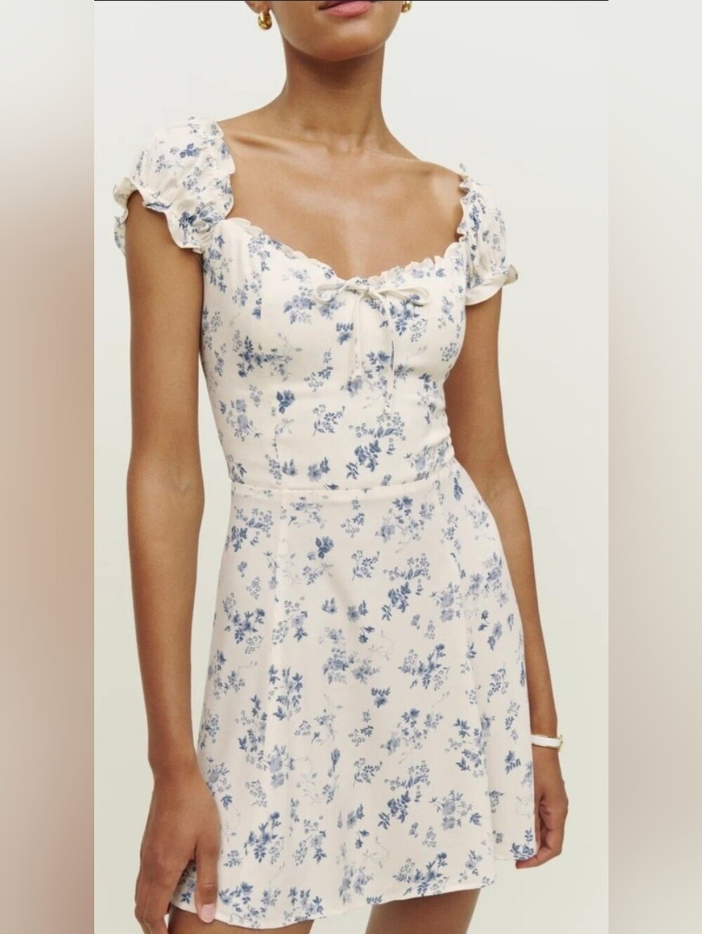 Reformation Cream Mini Dress with Blue Floral Print